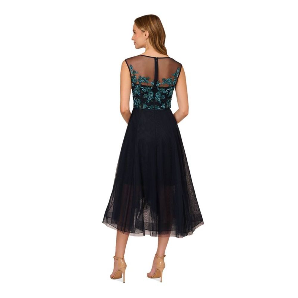 Adrianna Papell Black Tulle Midi Dress with Teal Floral Appliqué - Picture 2 of 4